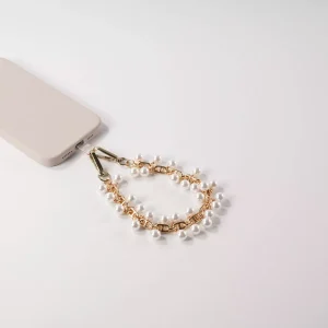 Metal Chain with Faux Pearls Phone Wristlet - Gold