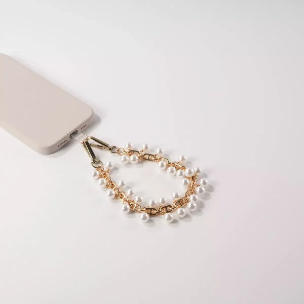 Metal Chain with Faux Pearls Phone Wristlet - Gold