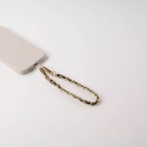 Gold Tone Chain with Faux Leather Phone Wristlet - Black