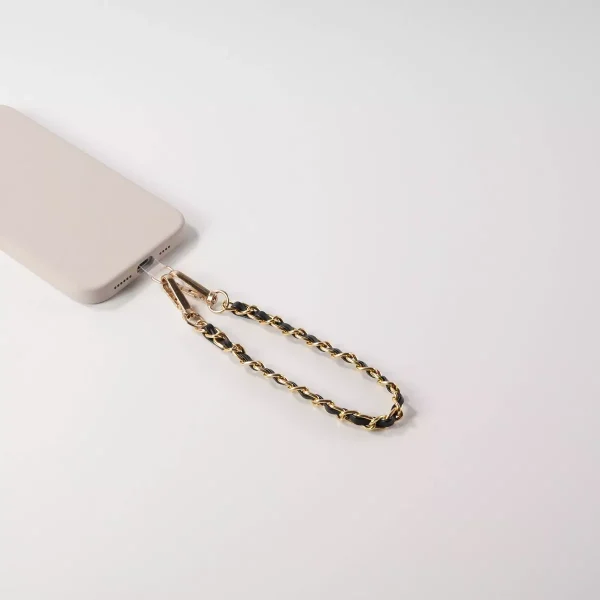 Gold Tone Chain with Faux Leather Phone Wristlet - Black